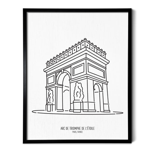 Custom line art drawings of the Arc de Triomphe in Paris France on white linen paper in a thin black picture frames