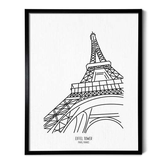 Custom line art drawings of the Eiffel Tower in Paris France on white linen paper in a thin black picture frames