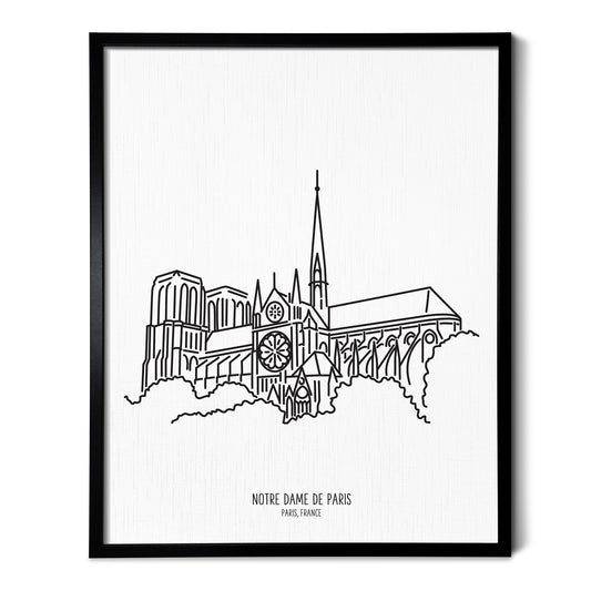 Custom line art drawings of Notre Dame Cathedral in Paris France on white linen paper in a thin black picture frames