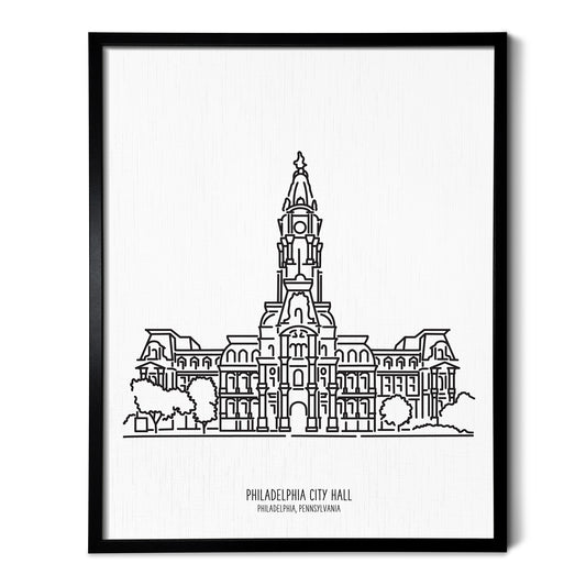 Custom line art drawings of the Philadelphia City Hall in Pennsylvania on white linen paper in a thin black picture frames