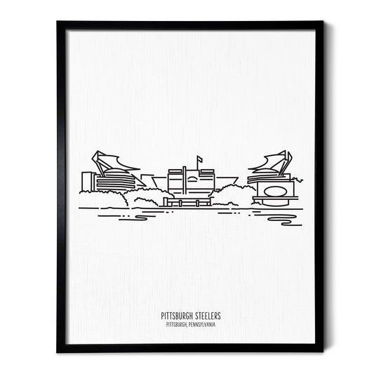 Custom line art drawings of the Pittsburgh Steelers Stadium in Pennsylvania on white linen paper in a thin black picture frames