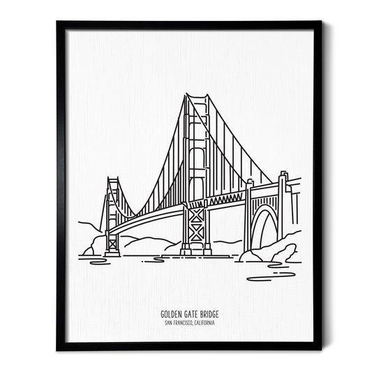 Custom line art drawings of the Golden Gate Bridge in San Francisco California on white linen paper in a thin black picture frames