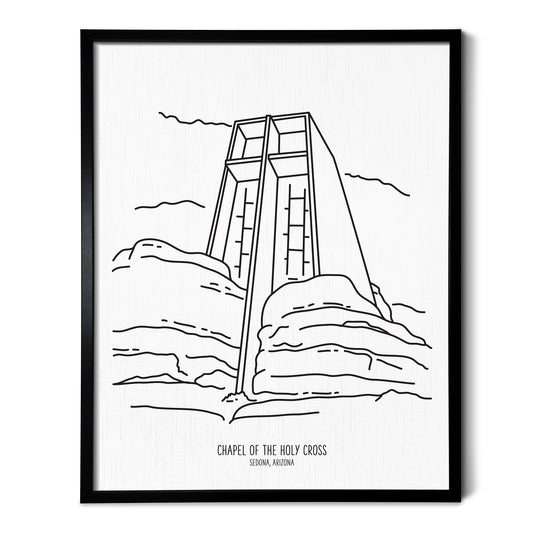 Custom line art drawings of the Chapel of the Holy Cross in Sedona Arizona on white linen paper in a thin black picture frames