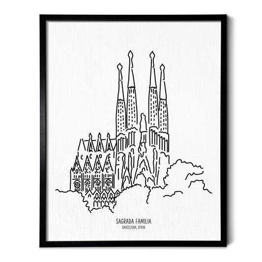A line art drawing of the Sagrada Familia on white linen paper in a thin black picture frame