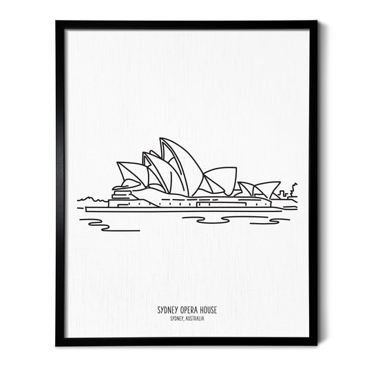 Custom line art drawings of the Sydney Opera House in Australia on white linen paper in a thin black picture frames