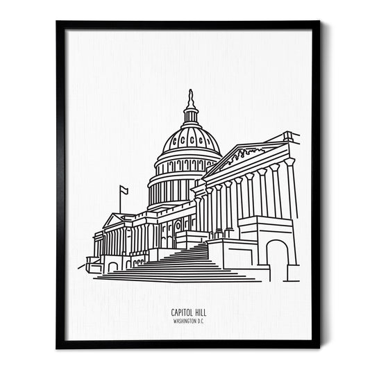 Custom line art drawings of the Capitol Building in Washington DC on white linen paper in a thin black picture frames