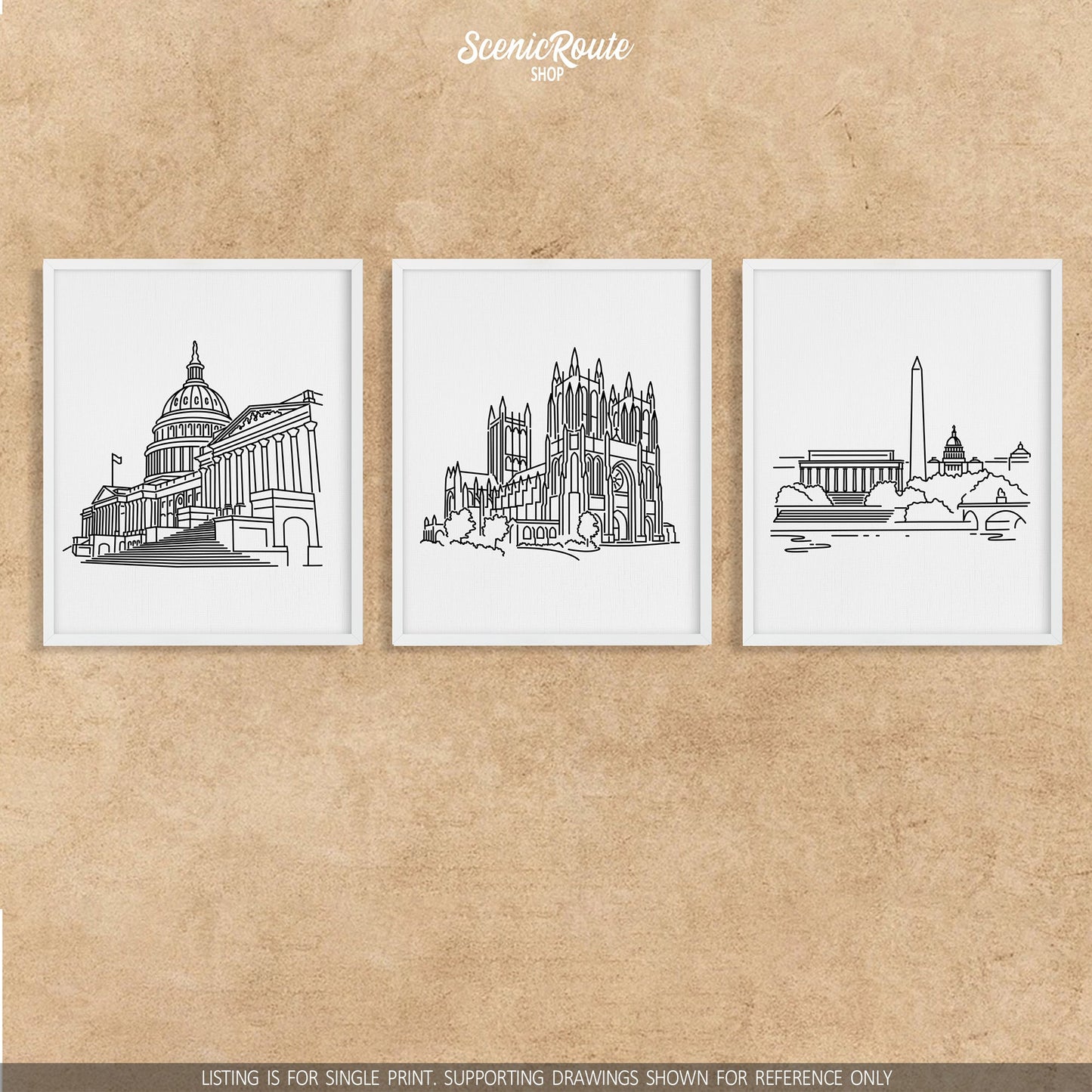 A group of three framed drawings on a stucco wall. The line art drawings include the Capitol Building, National Cathedral, and Washington DC Skyline