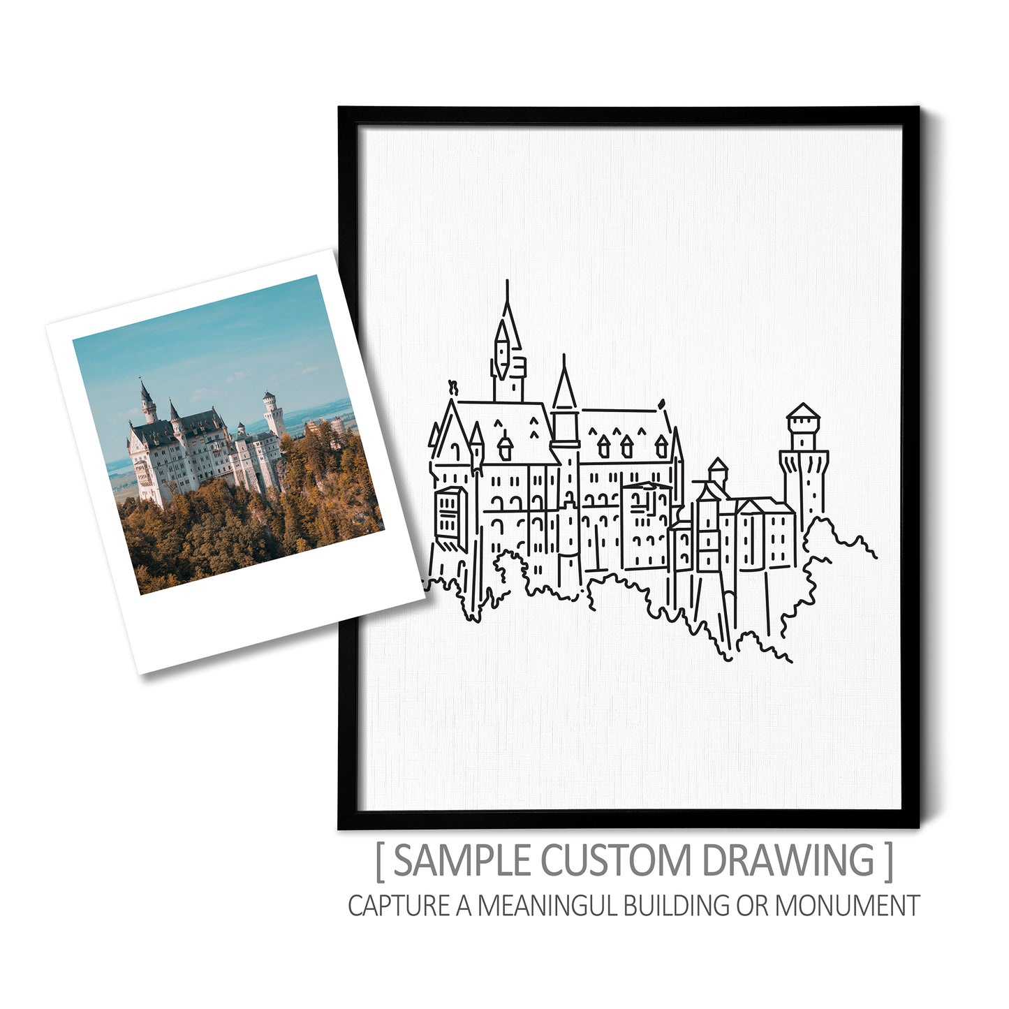 A custom line art drawing of a castle on white linen paper in a thin black picture frame