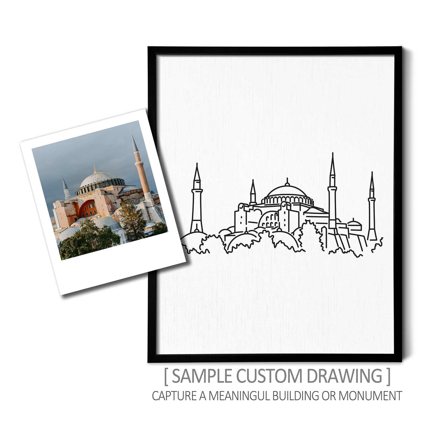 A custom line art drawing of the Hagia Sophia on white linen paper in a thin black picture frame