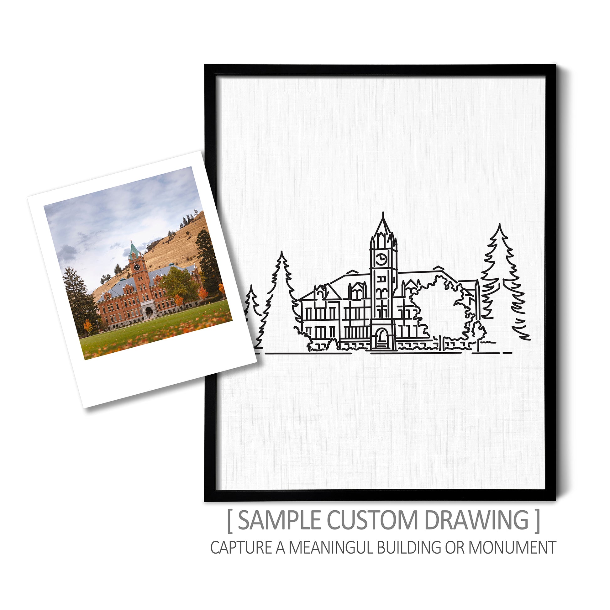 A custom line art drawing of a college building on white linen paper in a thin black picture frame