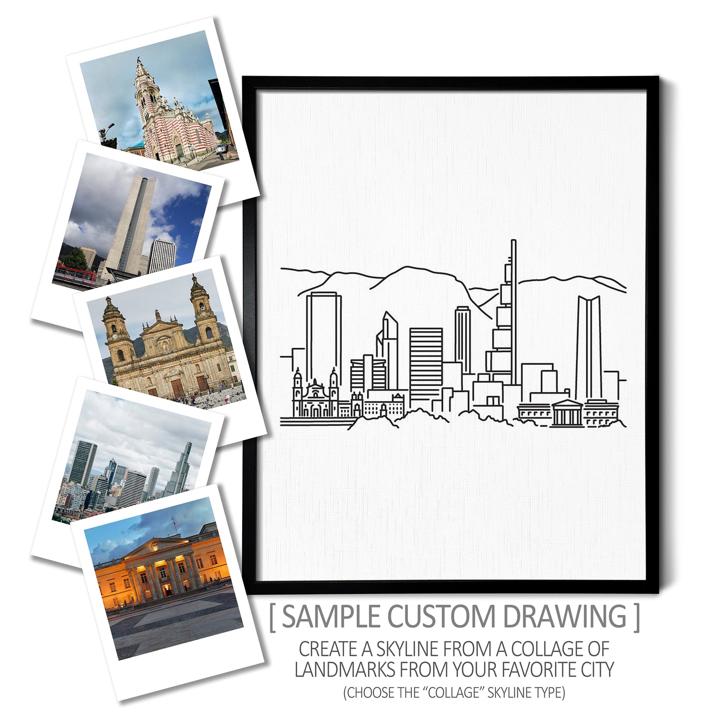 A custom line art drawing of a skyline on white linen paper in a thin black picture frame