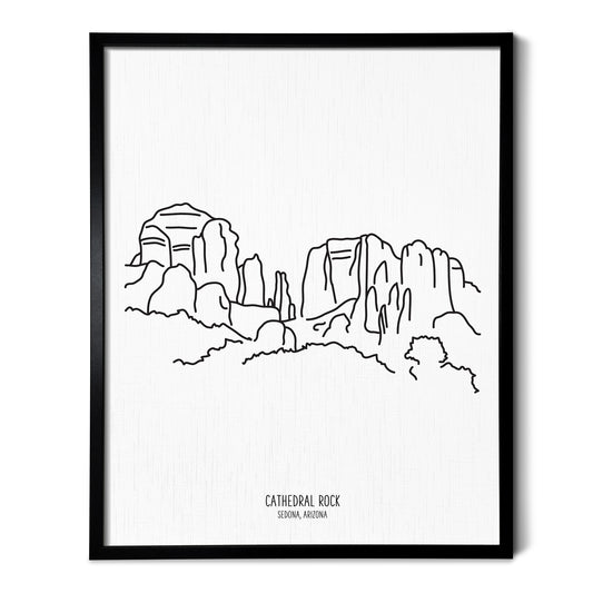 A line art drawing of Cathedral Rock in Sedona Arizona on white linen paper in a thin black picture frame