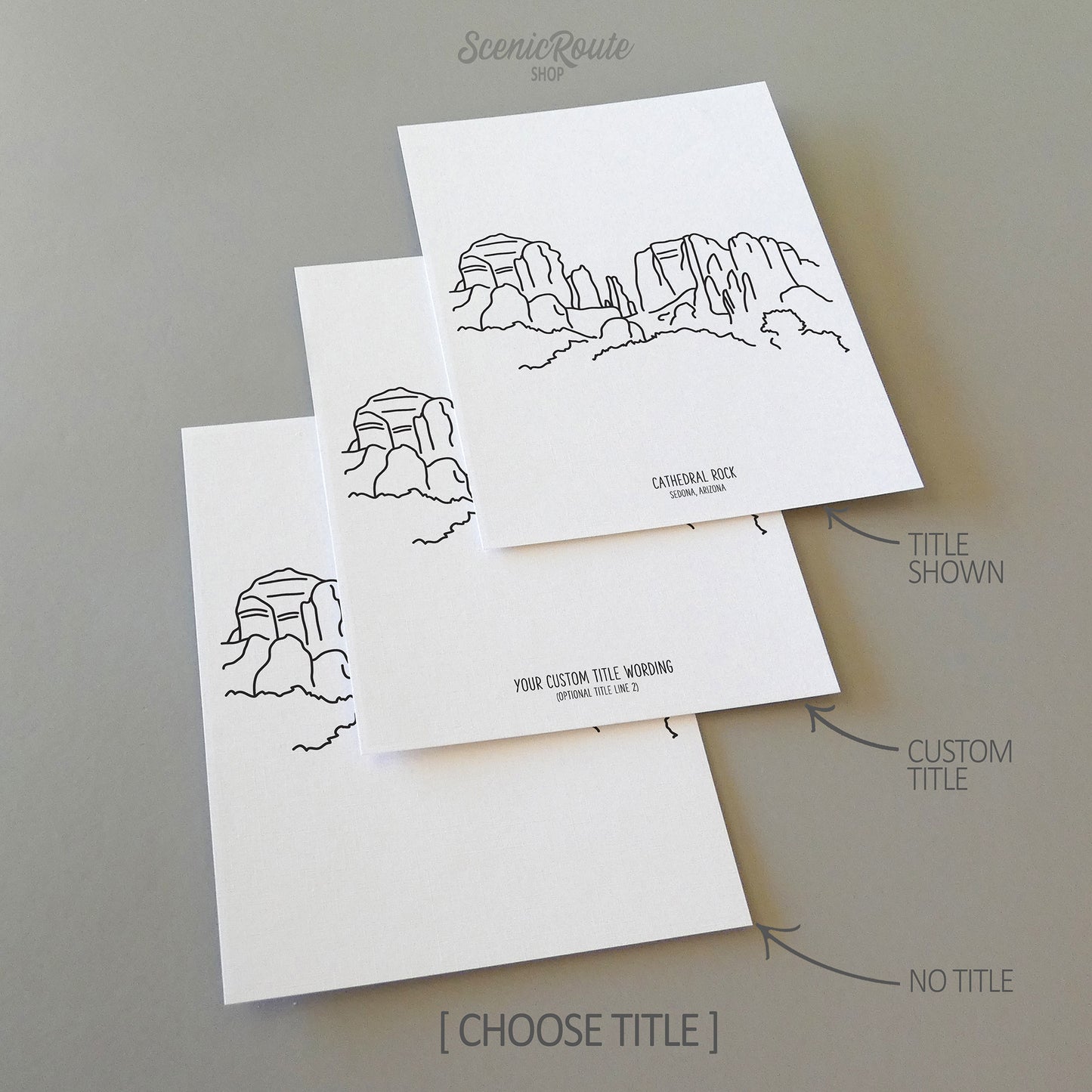 Three line art drawings of Cathedral Rock in Sedona Arizona on white linen paper with a gray background.  The pieces are shown with title options that can be chosen and personalized.