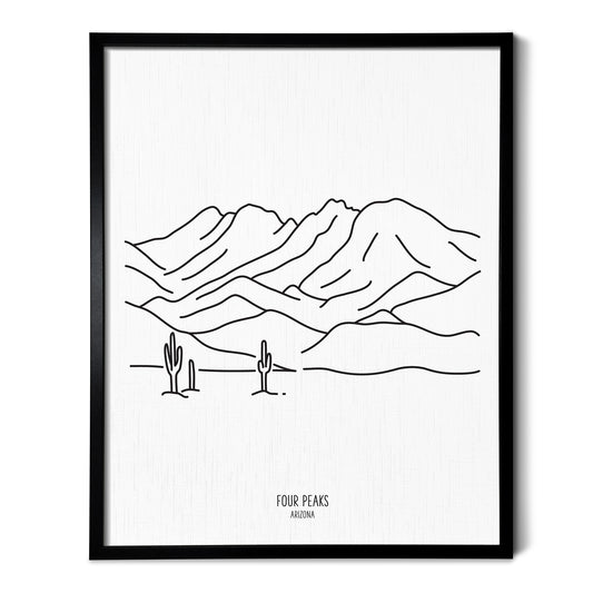 A line art drawing of the Four Peaks Mountains in Arizona on white linen paper in a thin black picture frame
