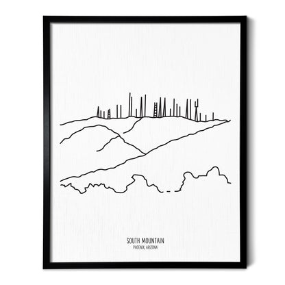 A line art drawing of South Mountain in Phoenix Arizona on white linen paper in a thin black picture frame