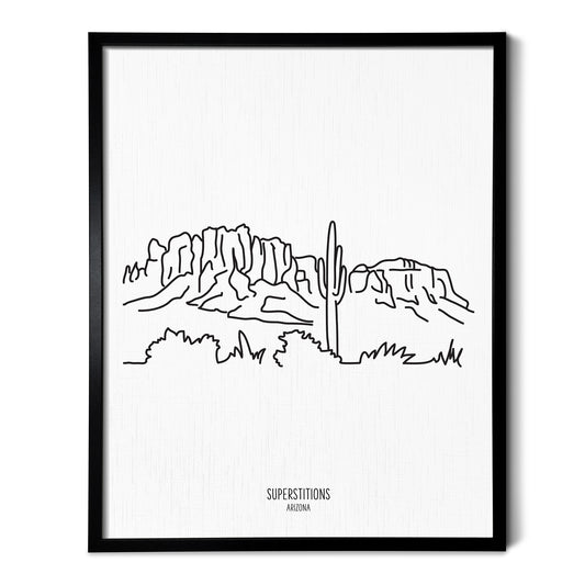A line art drawing of the Superstition Mountains in Arizona on white linen paper in a thin black picture frame