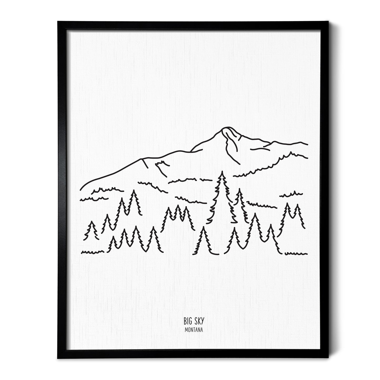 A line art drawing of Montana Big Sky on white linen paper in a thin black picture frame