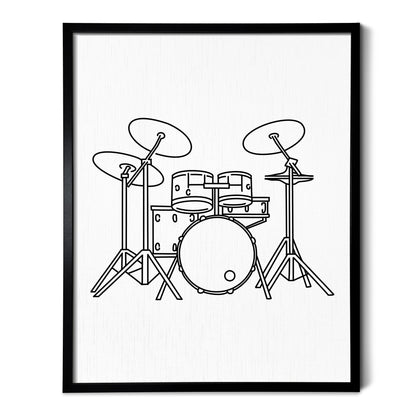 A line art drawing of Drums on white linen paper in a thin black picture frame
