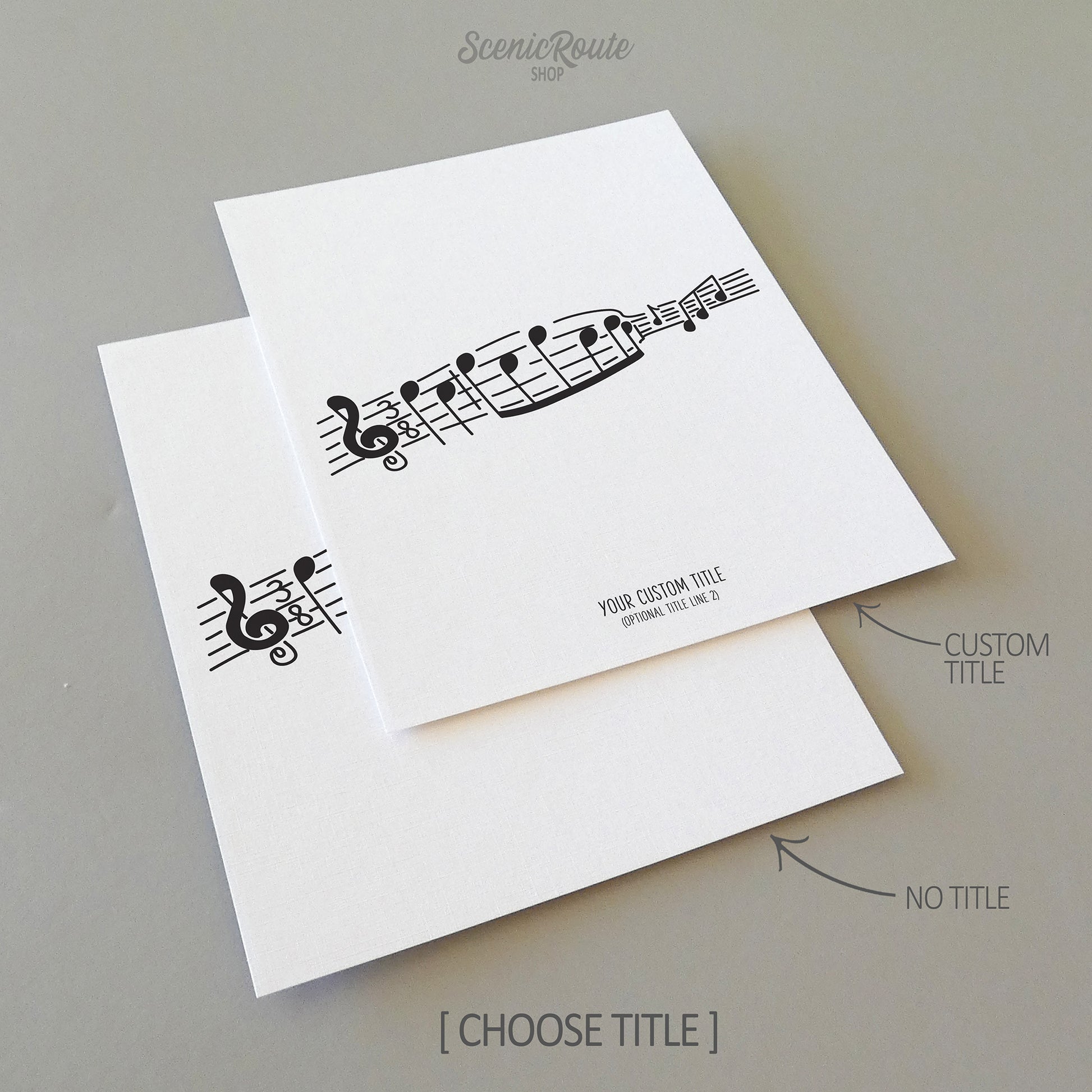 Two line art drawings of a Music Notes Stanza on white linen paper with a gray background.  The pieces are shown with “No Title” and “Custom Title” options for the available art print options.