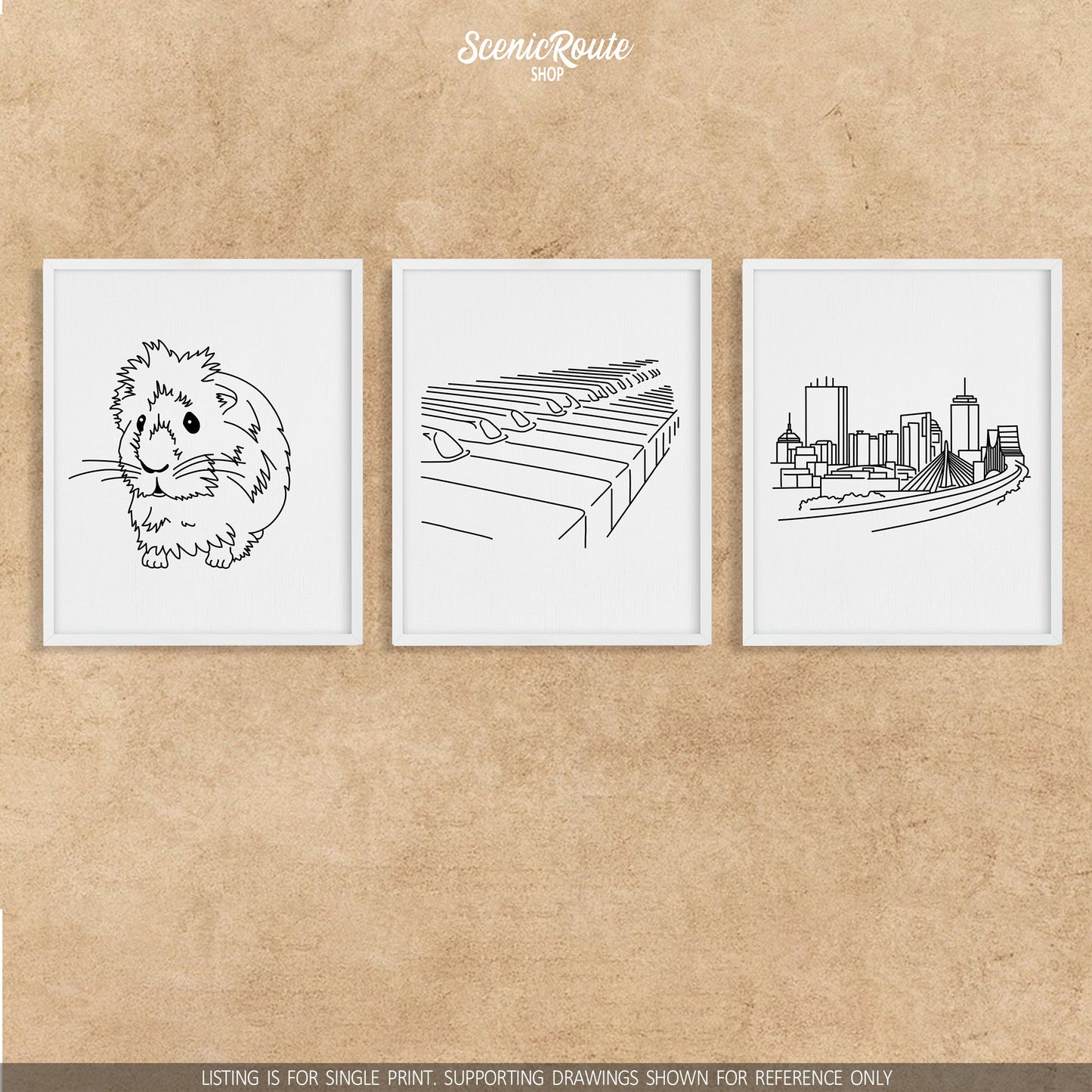 A group of three framed drawings on a tan wall. The line art drawings include a Guinea Pig, a Piano, and the Boston Skyline