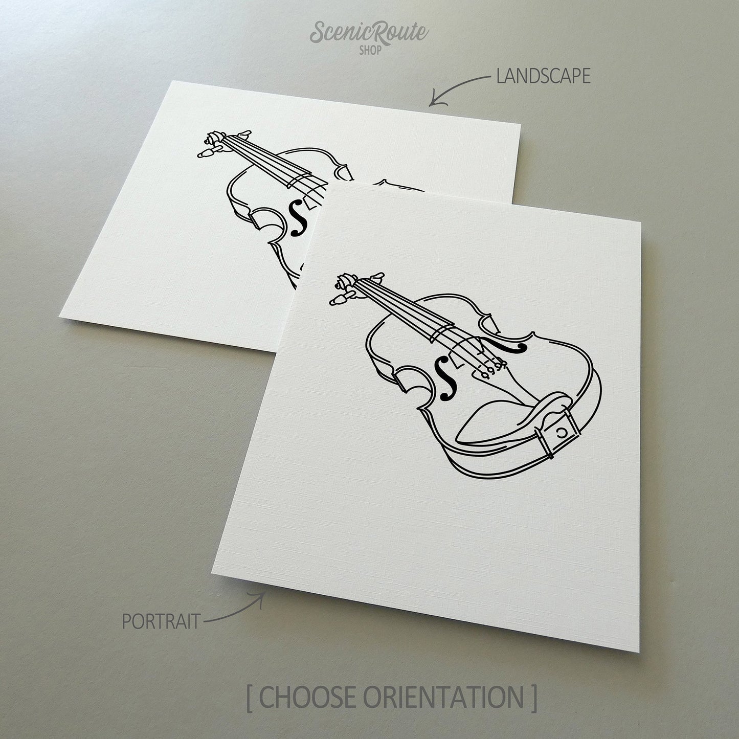 Two line art drawings of a Violin on white linen paper with a gray background. The pieces are shown in portrait and landscape orientation for the available art print options.