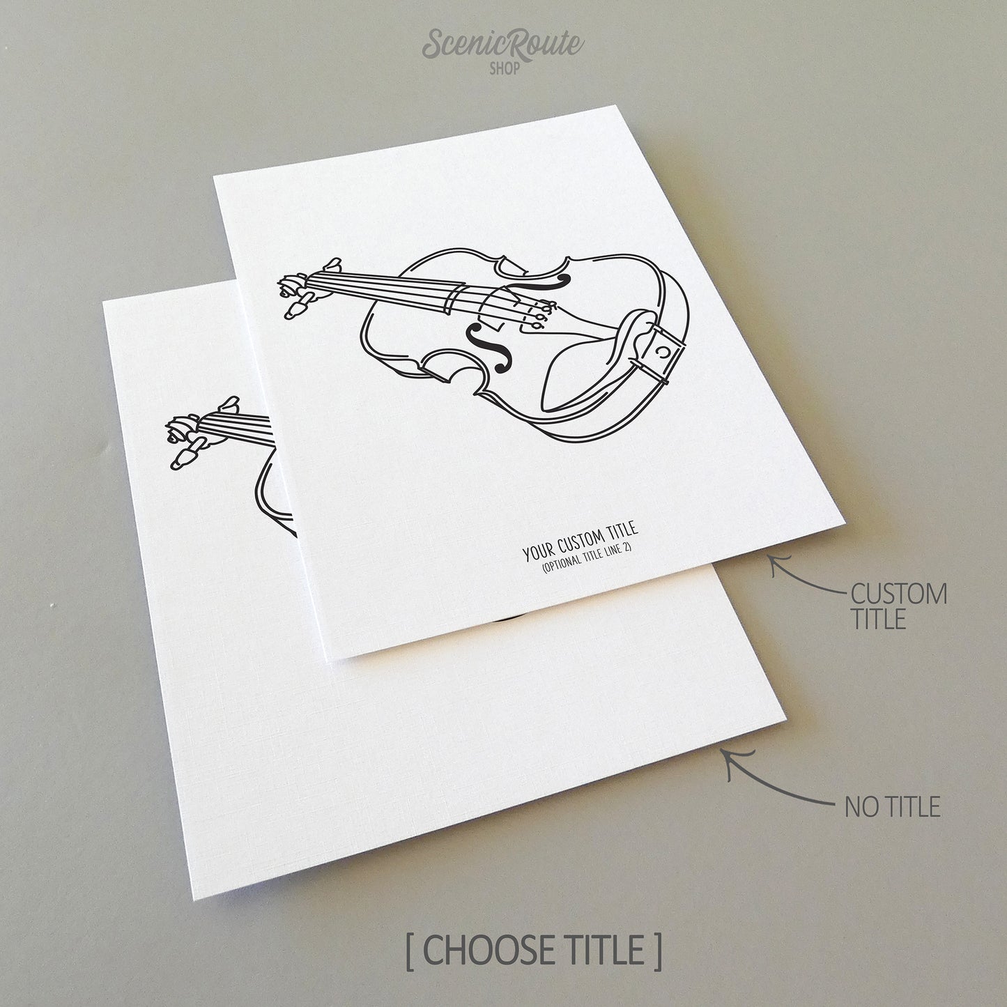 Two line art drawings of a Violin Instrument on white linen paper with a gray background. The pieces are shown with “No Title” and “Custom Title” options for the available art print options.