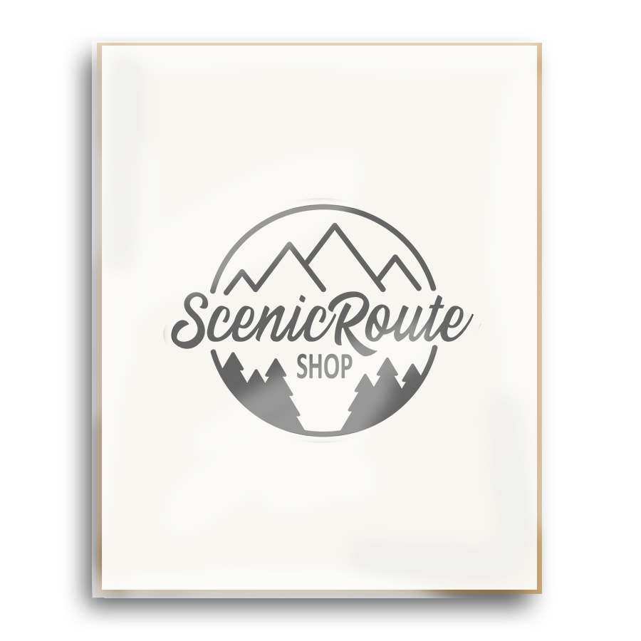 the Scenic Route Shop logo on a piece of paper in a plastic sleeve.