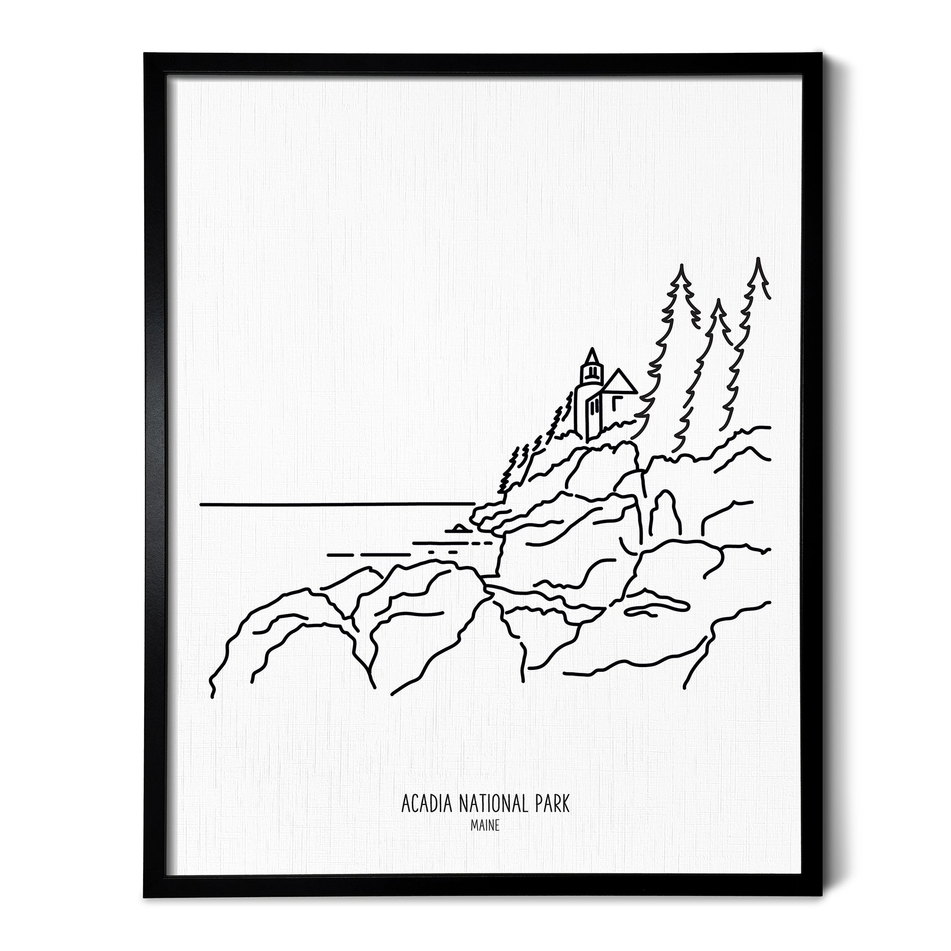 A line art drawing of Acadia National Park on white linen paper in a thin black picture frame