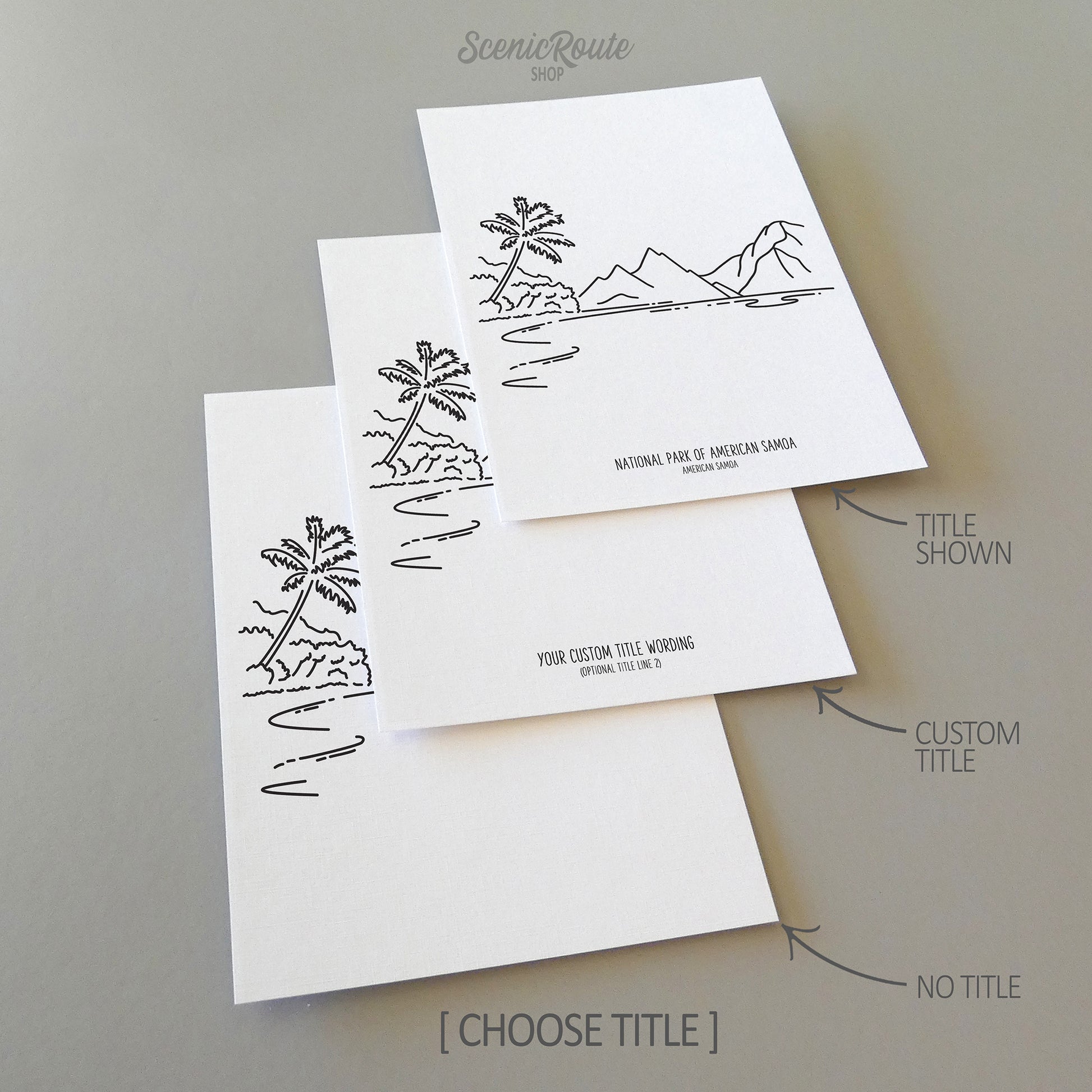 Three line art drawings of American Samoa National Park on white linen paper with a gray background. The pieces are shown with title options that can be chosen and personalized.