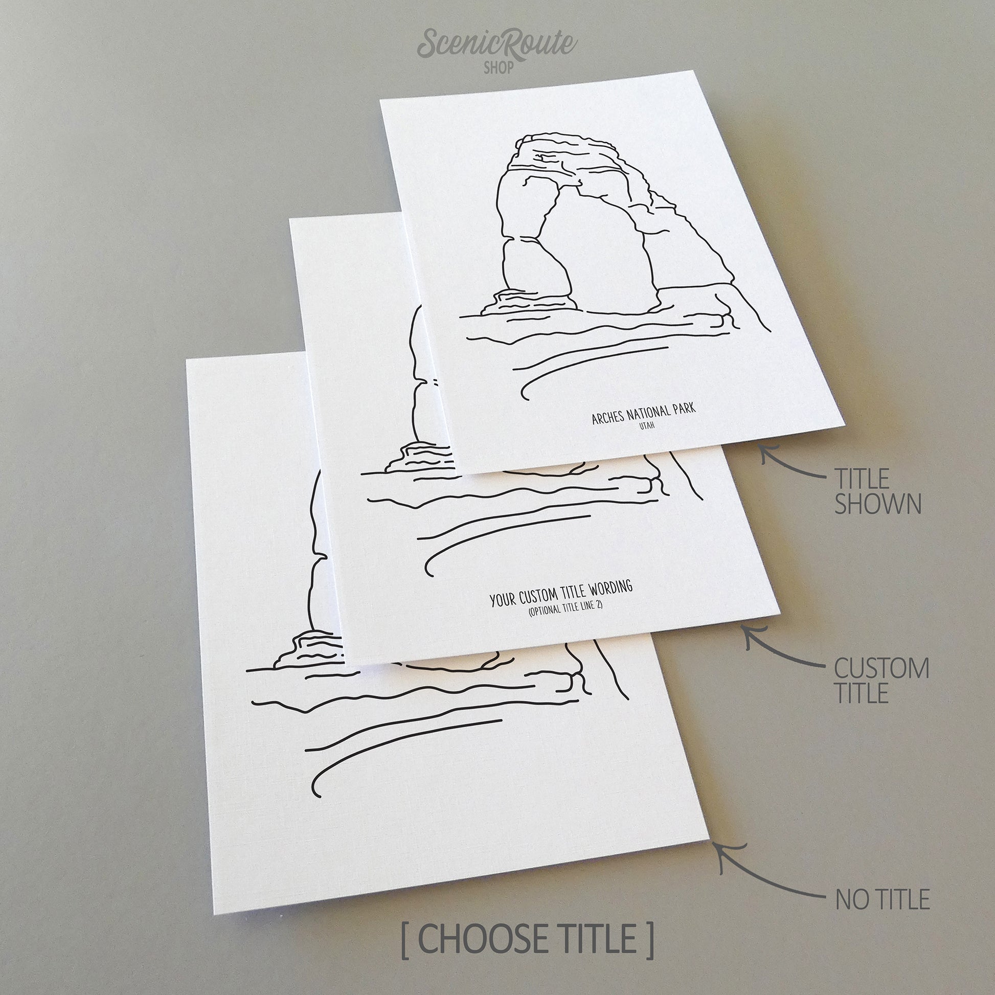Three line art drawings of Arches National Park on white linen paper with a gray background. The pieces are shown with title options that can be chosen and personalized.