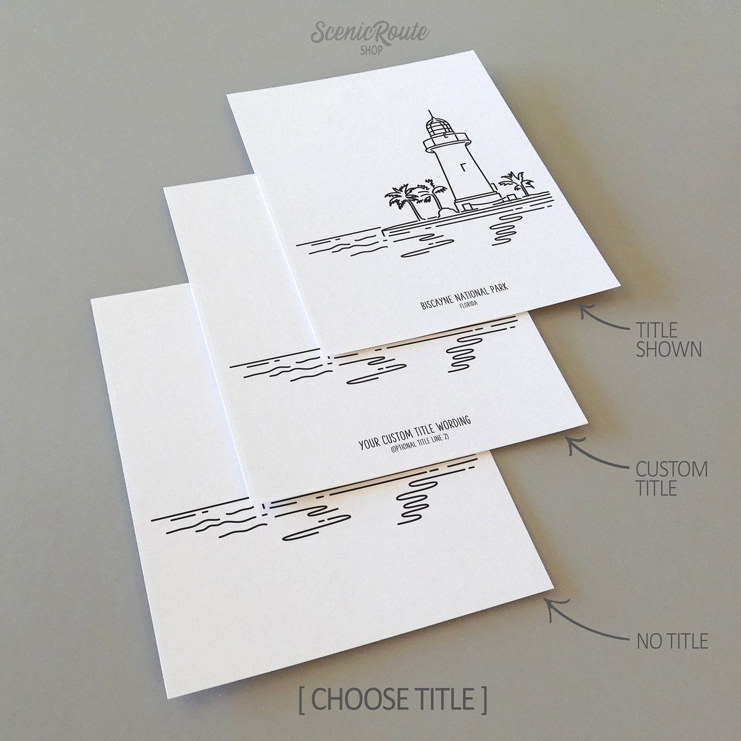 Three line art drawings of Biscayne National Park on white linen paper with a gray background. The pieces are shown with title options that can be chosen and personalized.
