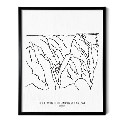 A line art drawing of Black Canyon of the Gunnison National Park on white linen paper in a thin black picture frame
