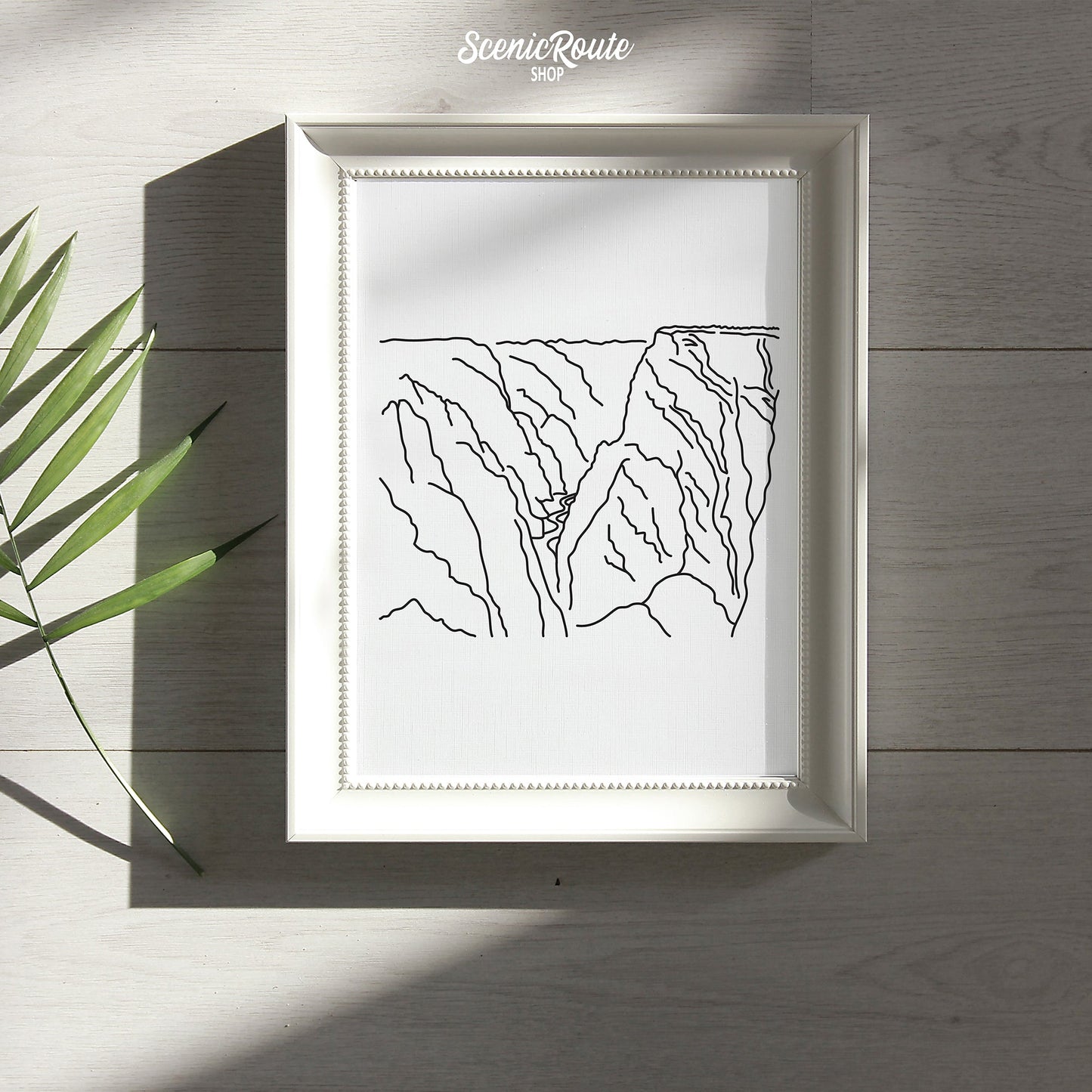 A framed line art drawing of Black Canyon of the Gunnison National Park with a palm frond