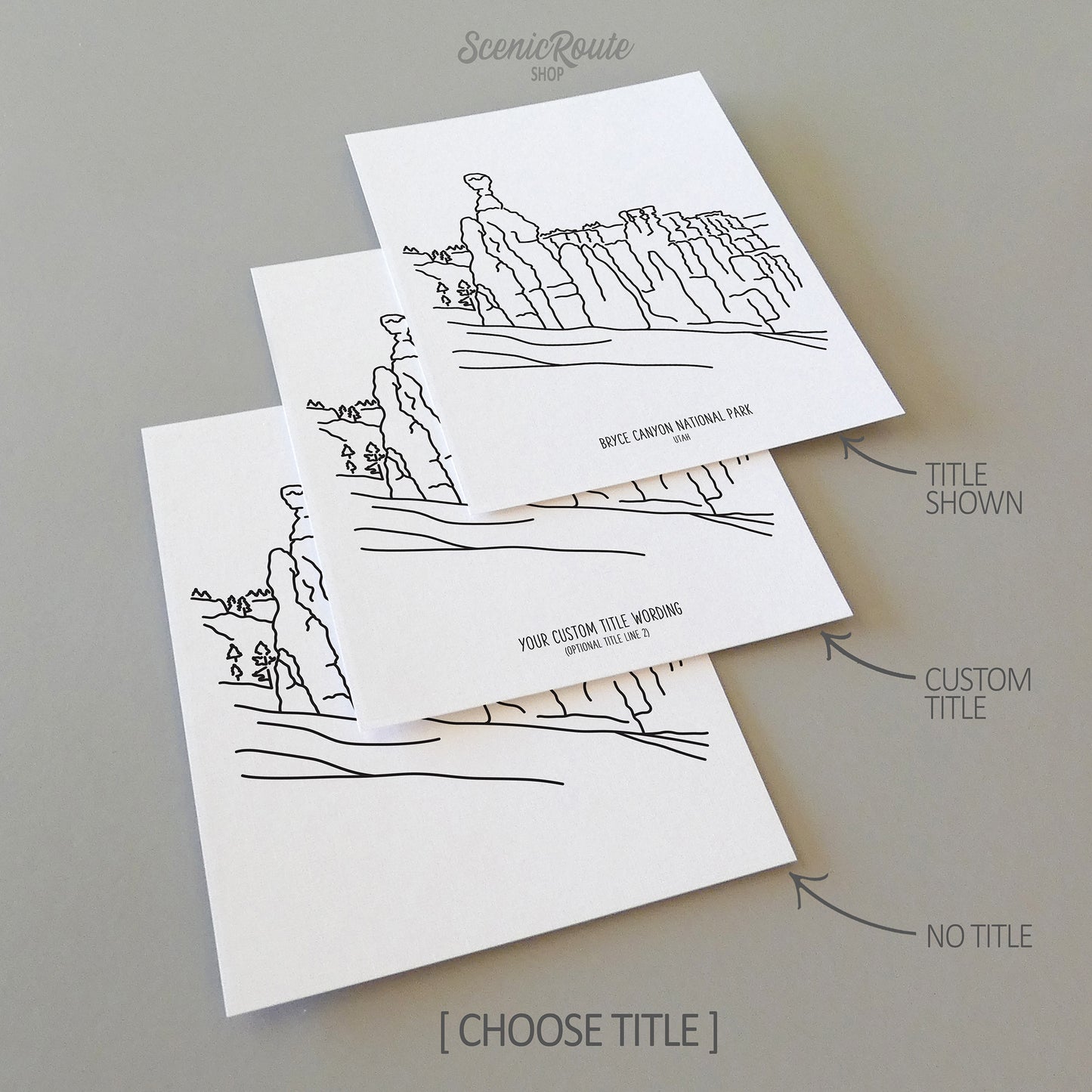 Three line art drawings of Bryce Canyon National Park on white linen paper with a gray background. The pieces are shown with title options that can be chosen and personalized.