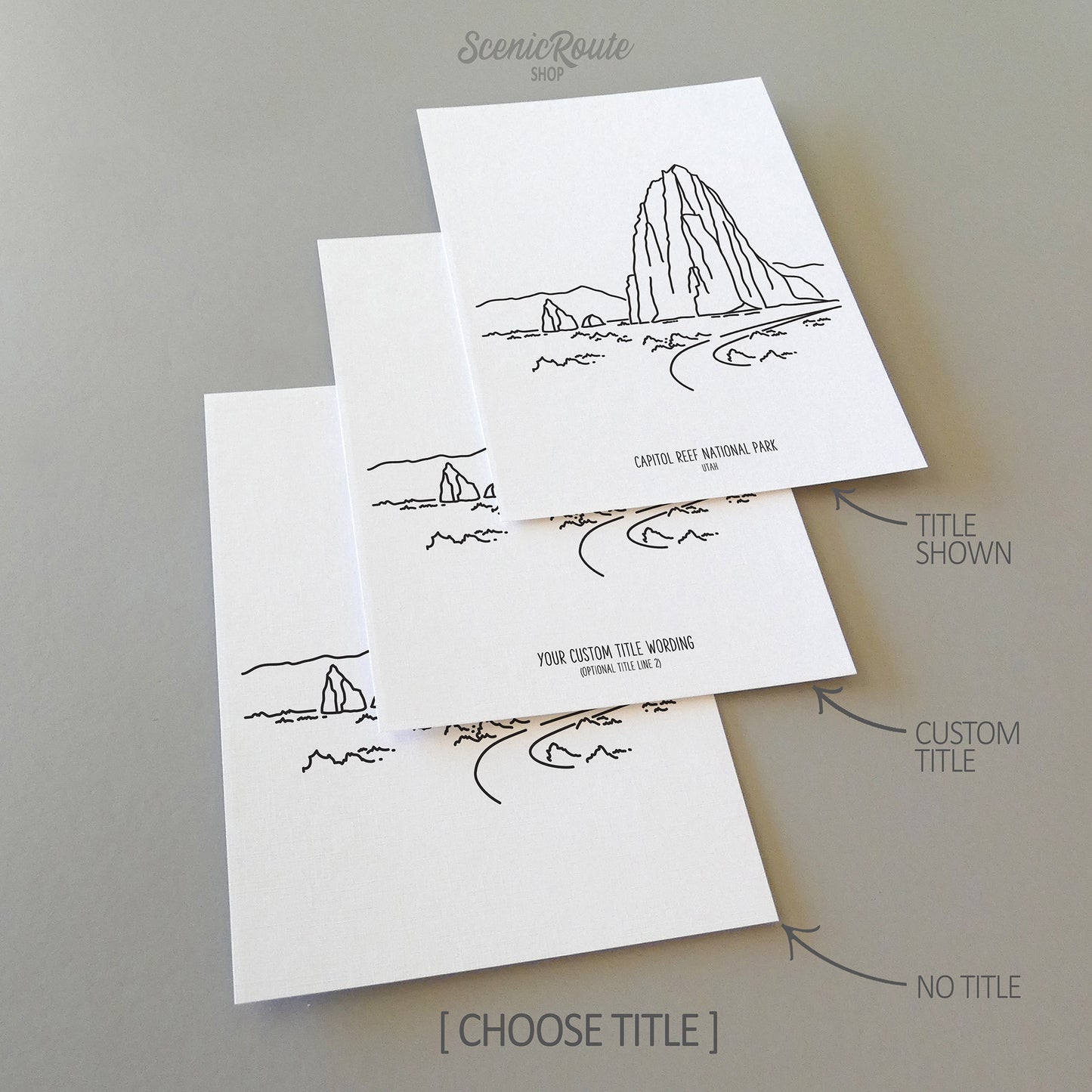 Three line art drawings of Capitol Reef National Park on white linen paper with a gray background. The pieces are shown with title options that can be chosen and personalized.