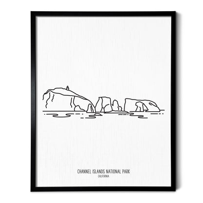 A line art drawing of Channel Islands National Park on white linen paper in a thin black picture frame