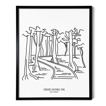 A line art drawing of Congaree National Park on white linen paper in a thin black picture frame