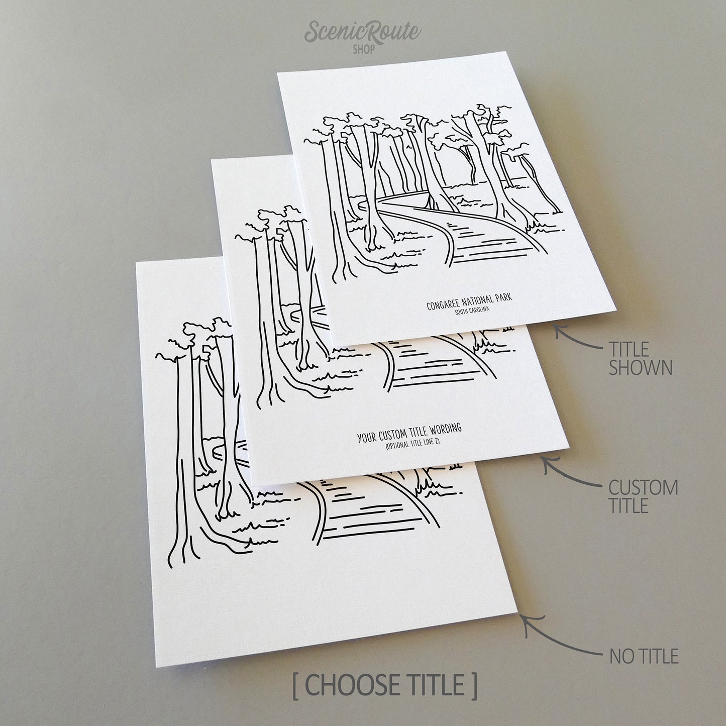 Three line art drawings of Congaree National Park on white linen paper with a gray background. The pieces are shown with title options that can be chosen and personalized.