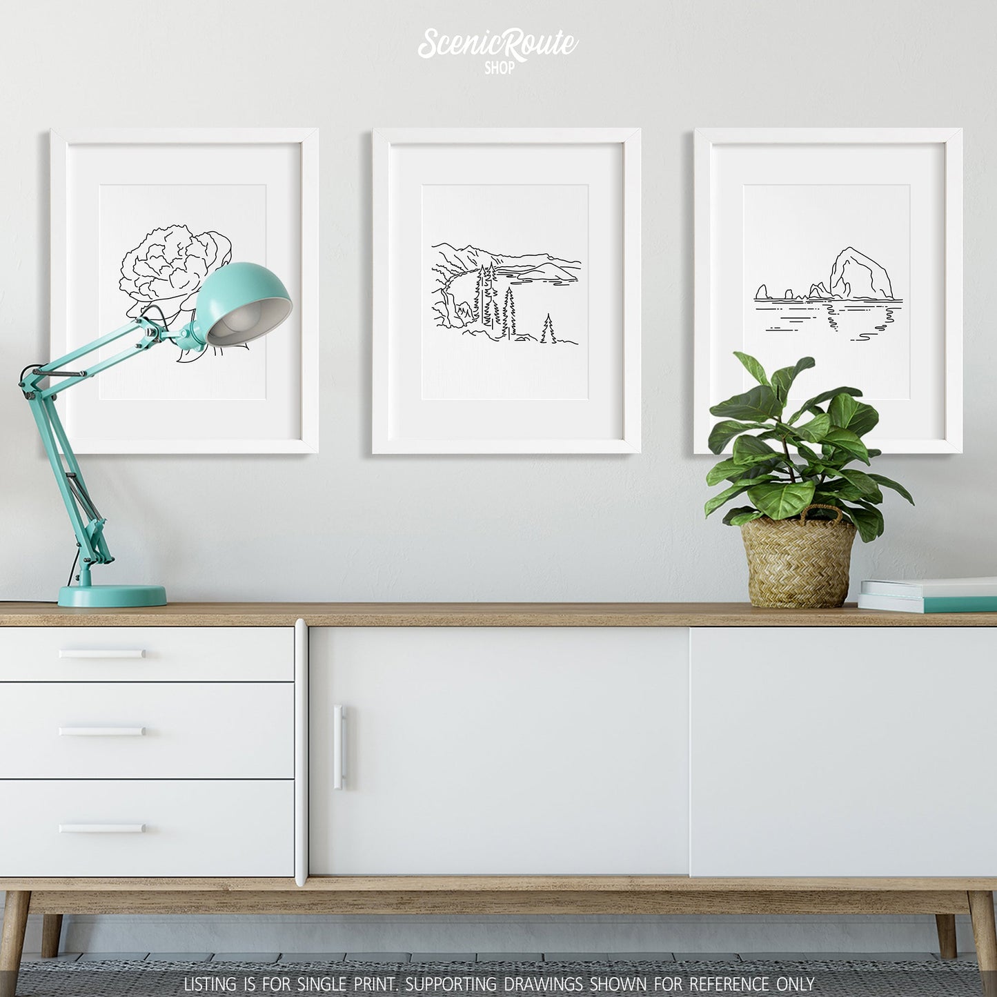 A group of three framed drawings on a wall hanging above a credenza with a lamp and a potted plant. The line art drawings include a Peony Flower, Crater Lake National Park, and Haystack Rock