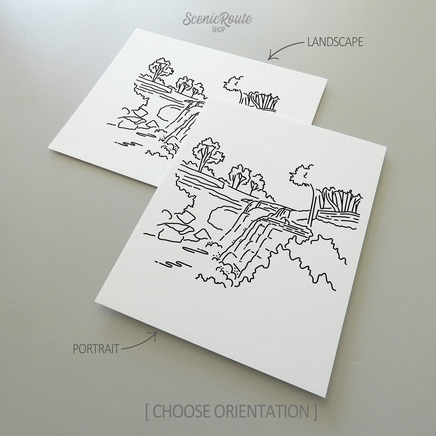 Two line art drawings of Cuyahoga Valley National Park on white linen paper with a gray background.  The pieces are shown in portrait and landscape orientation for the available art print options.