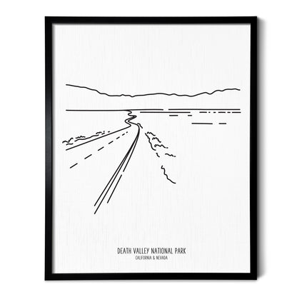 A line art drawing of Death Valley National Park on white linen paper in a thin black picture frame