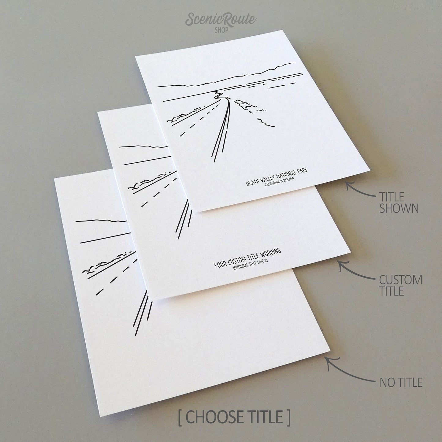 Three line art drawings of Death Valley National Park on white linen paper with a gray background. The pieces are shown with title options that can be chosen and personalized.