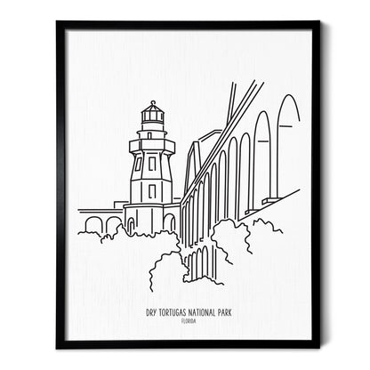 A line art drawing of Dry Tortugas National Park on white linen paper in a thin black picture frame