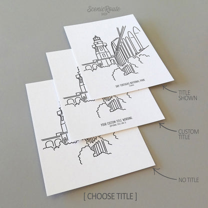 Three line art drawings of Dry Tortugas National Park on white linen paper with a gray background. The pieces are shown with title options that can be chosen and personalized.