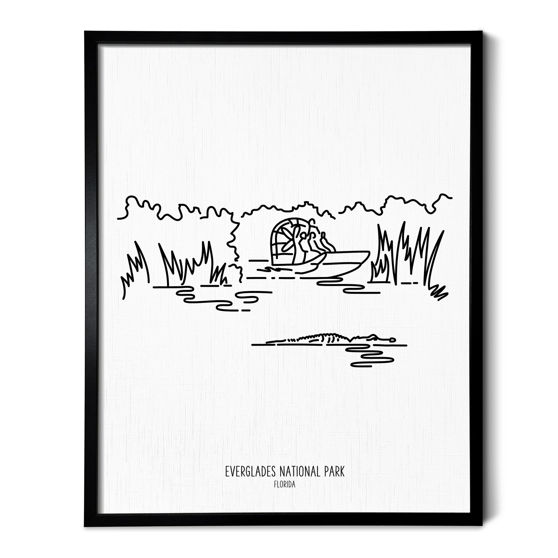 A line art drawing of Everglades National Park on white linen paper in a thin black picture frame