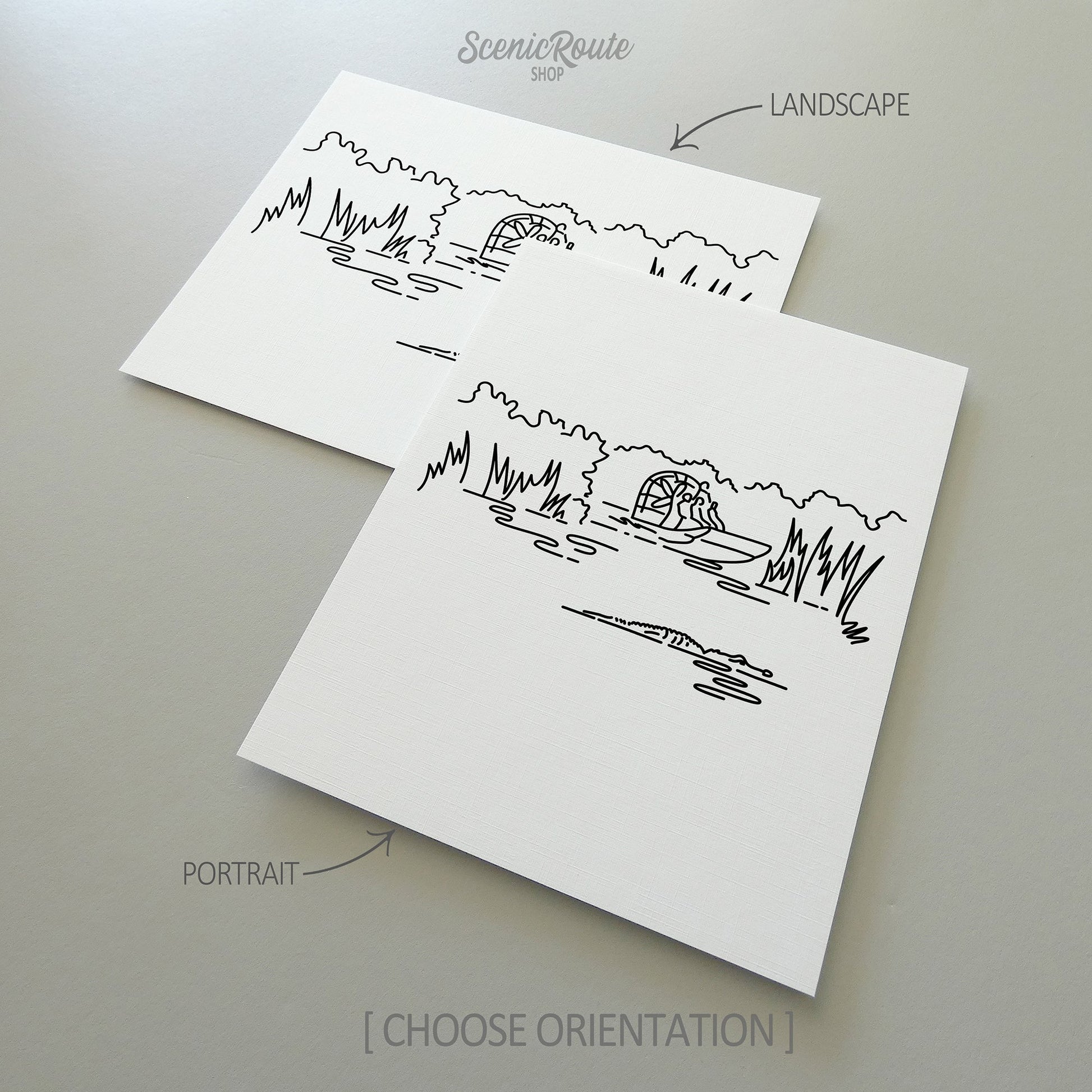 Two line art drawings of Everglades National Park on white linen paper with a gray background.  The pieces are shown in portrait and landscape orientation for the available art print options.
