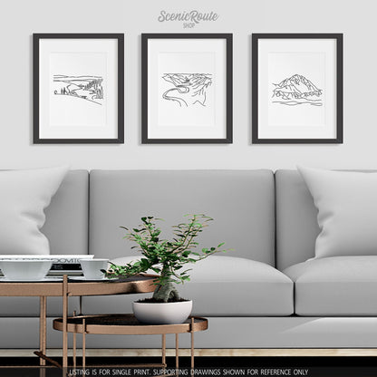 A group of three framed drawings on a brick wall hanging above a side table and plant next to a couch. The line art drawings include Kobuk National Park, Gates of the Arctic National Park, and Denali National Park