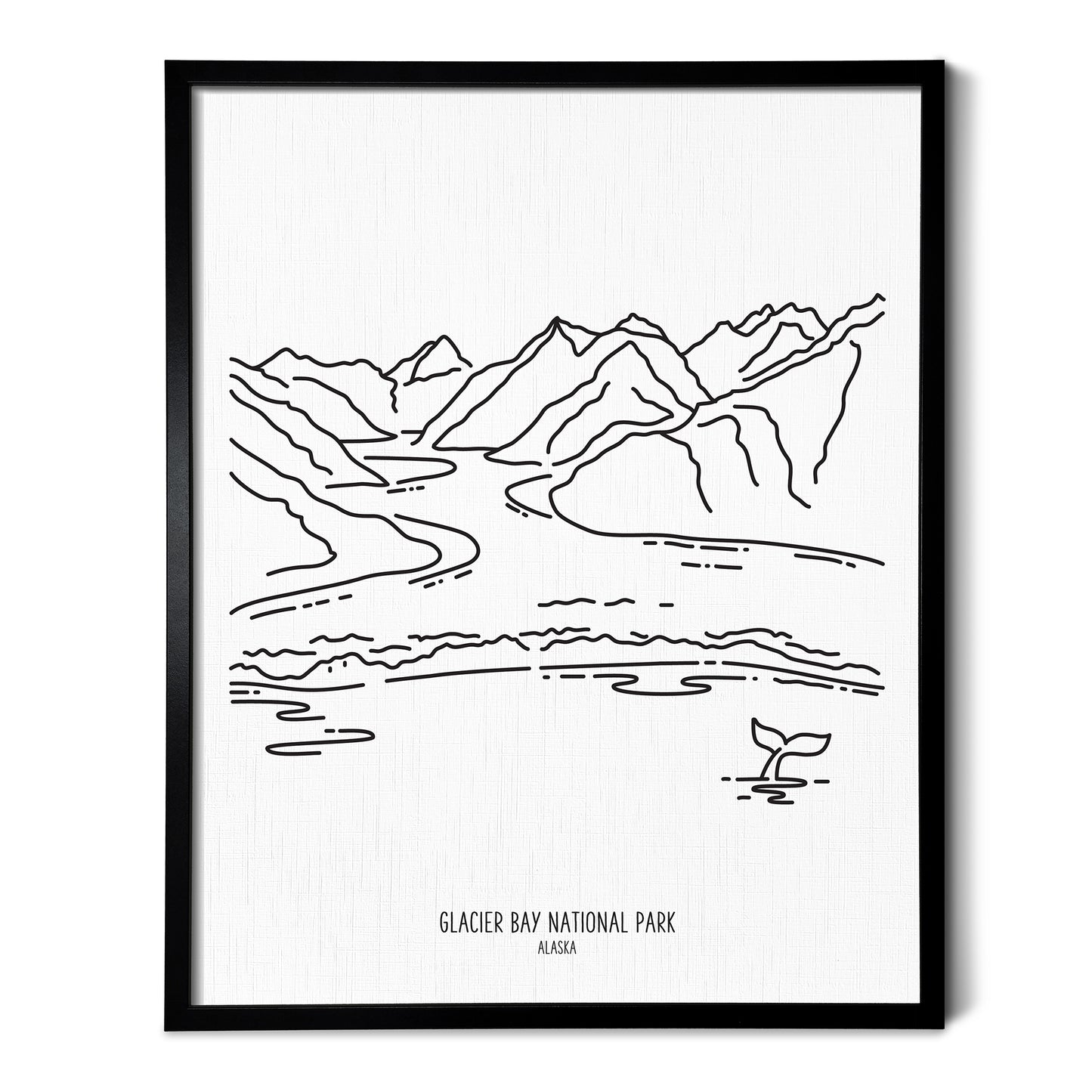 A line art drawing of Glacier Bay National Park on white linen paper in a thin black picture frame