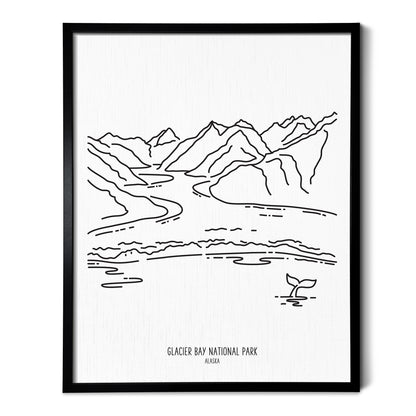 A line art drawing of Glacier Bay National Park on white linen paper in a thin black picture frame