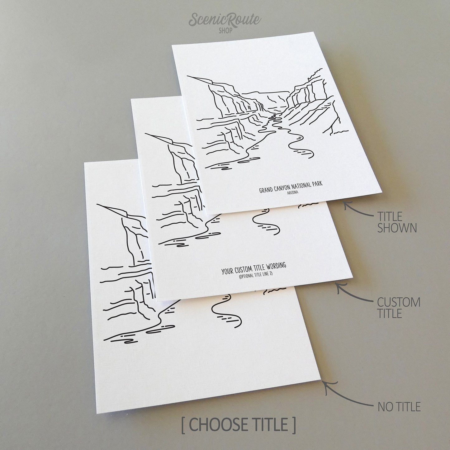 Three line art drawings of Grand Canyon National Park on white linen paper with a gray background. The pieces are shown with title options that can be chosen and personalized.
